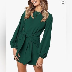 Tie waist long sleeve cocktail dress | lantern sleeve | dark green